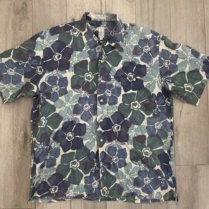 Hawaiian Camp Shirt Blue Flowers Button Up Hawaii